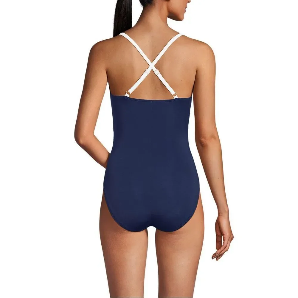 Land's End pleated one piece slendersuit navy sapphire river mist white Various